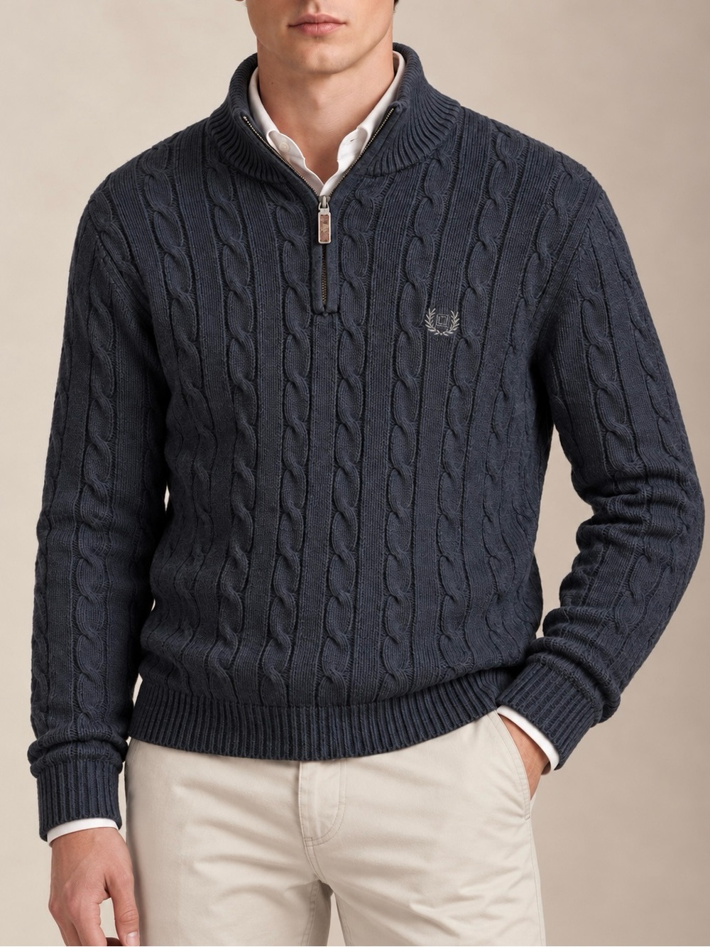 Chaps Cable Knit Quarter Zip 100% Cotton Sweater Washed Black Blue Size L